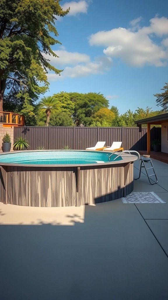 A sunny backyard featuring a stylish above ground pool with lounge chairs, surrounded by greenery.