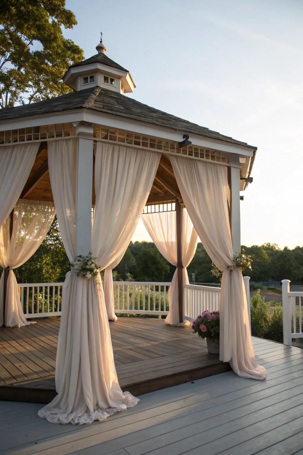 Create a romantic ambiance with a draped gazebo on your deck.