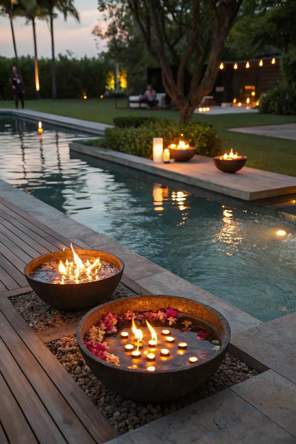 Floating candles and fire bowls create a romantic poolside ambiance.