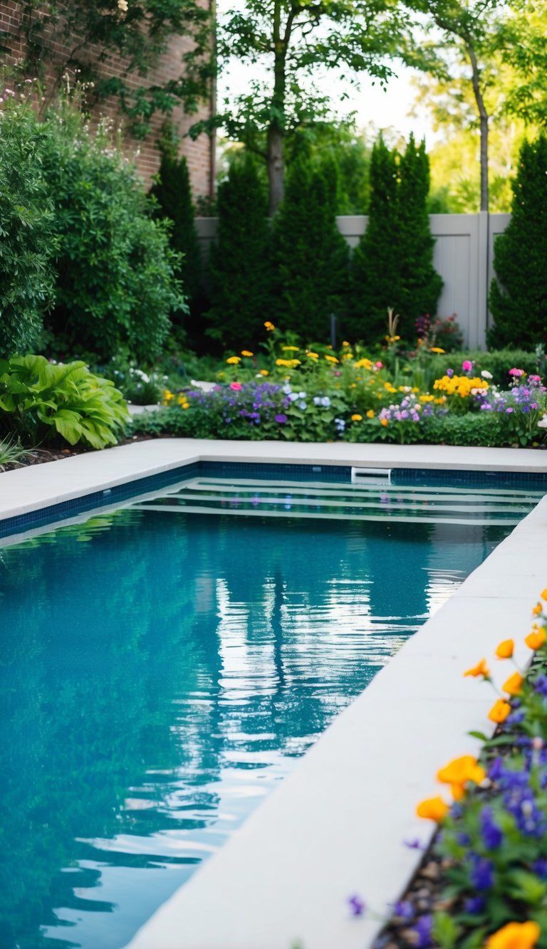 A zero entry pool sits in a lush backyard, surrounded by greenery and colorful flowers. The pool's gentle slope creates a seamless transition from the deck to the water