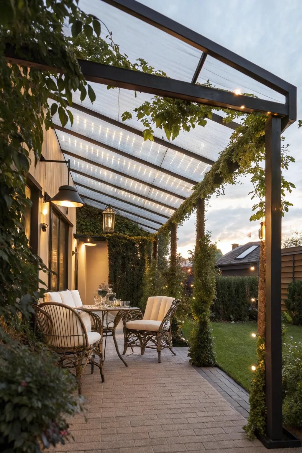 Fixed polycarbonate panels offer durability and light filtration.