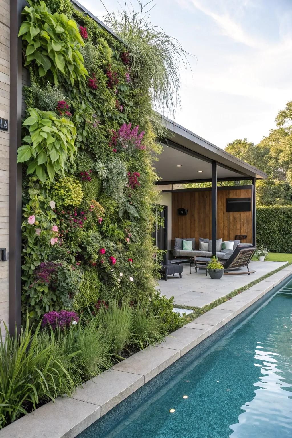 Vertical gardens maximize greenery in compact pool spaces.