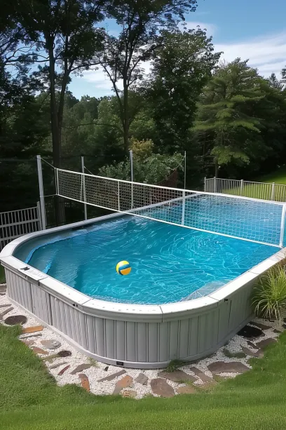 above ground pool like sports center with volley ball net