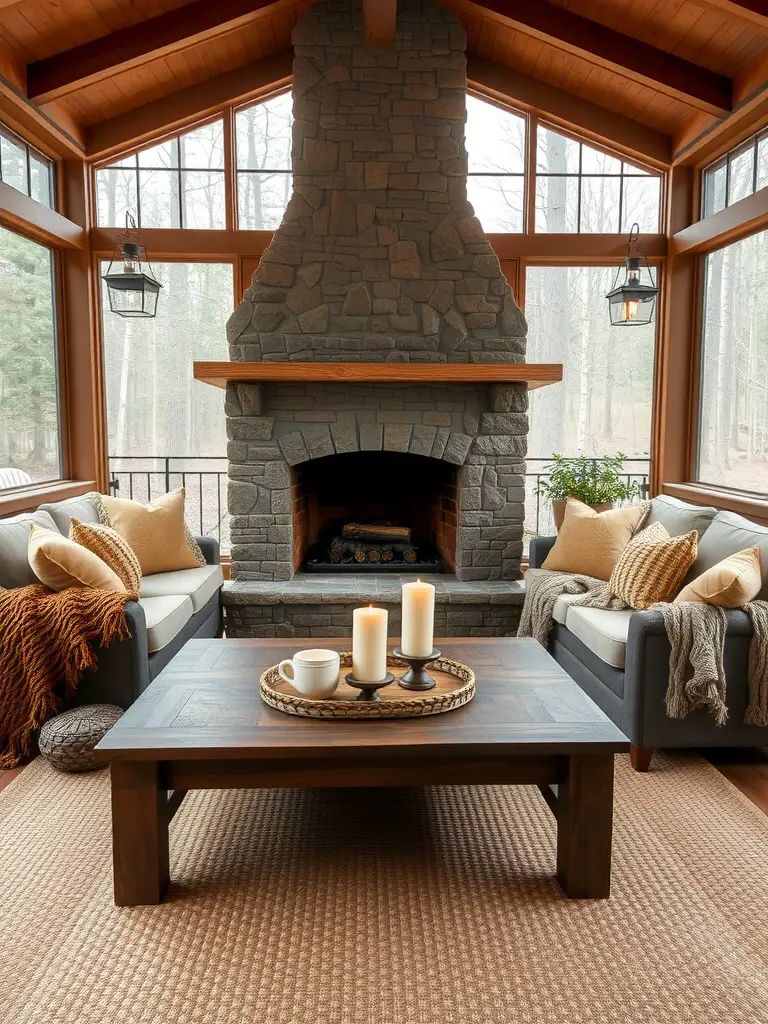 Cozy screened-in back porch with a stone fireplace, comfortable seating, and a warm atmosphere.