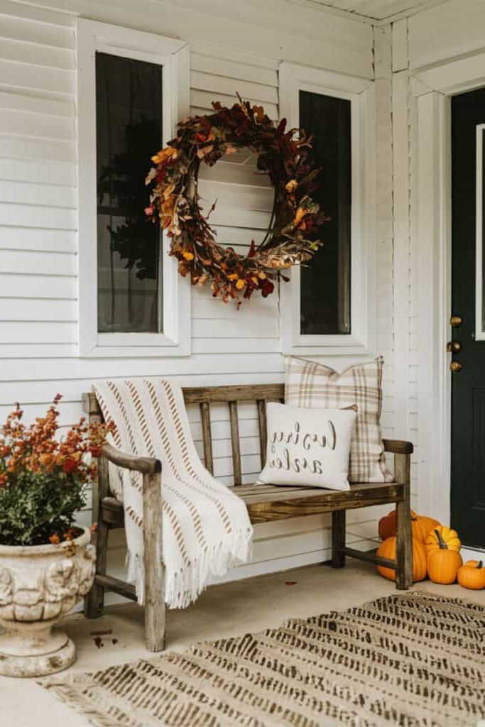 Simple fall porch with rustic bench and pumpkin decor