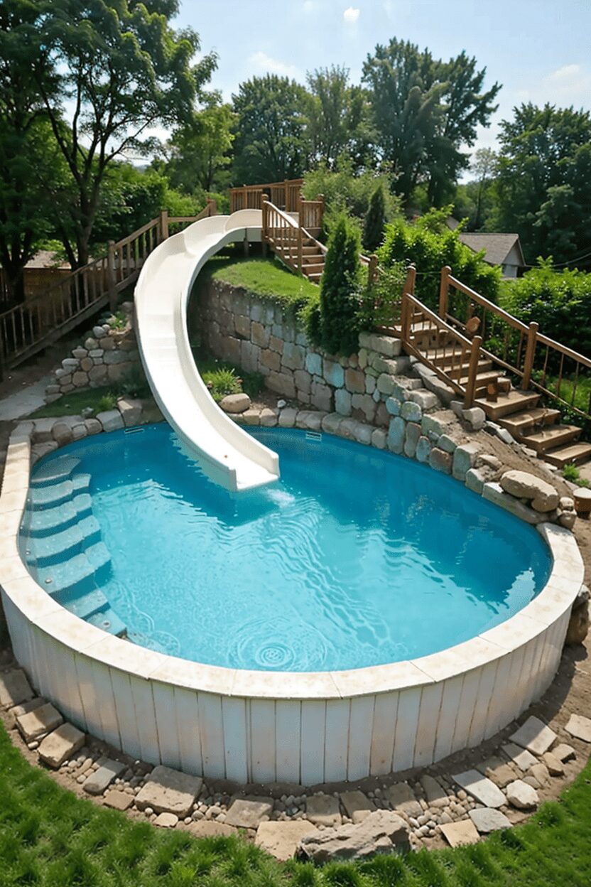Wide shot of a kid-friendly backyard with an above ground pool