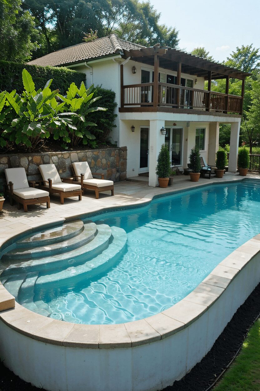 Wide shot of a backyard poolside seating area with cushioned chairs, loungers, a hammock, side tables, outdoor rugs, and vibrant pillows surrounded by greenery and flowers