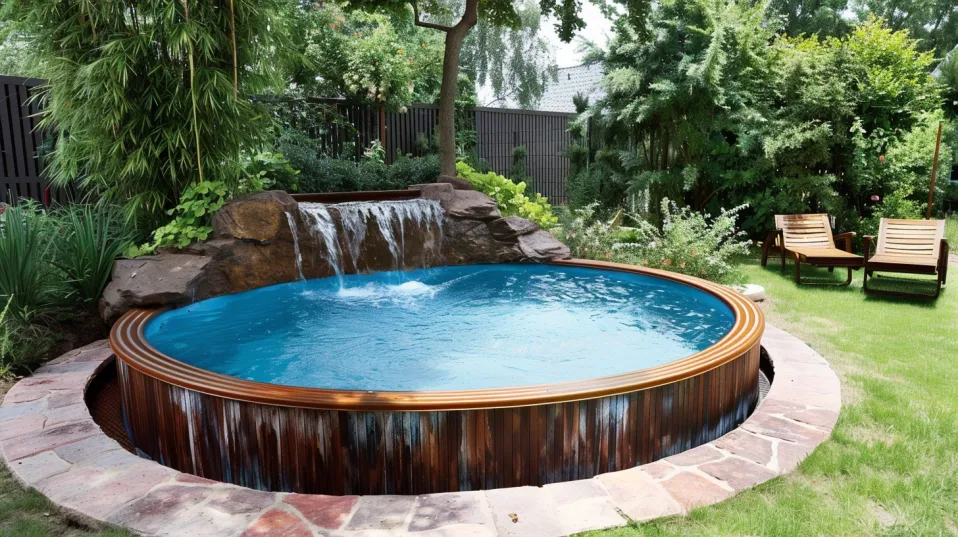 above ground pool with waterfall feature backyard