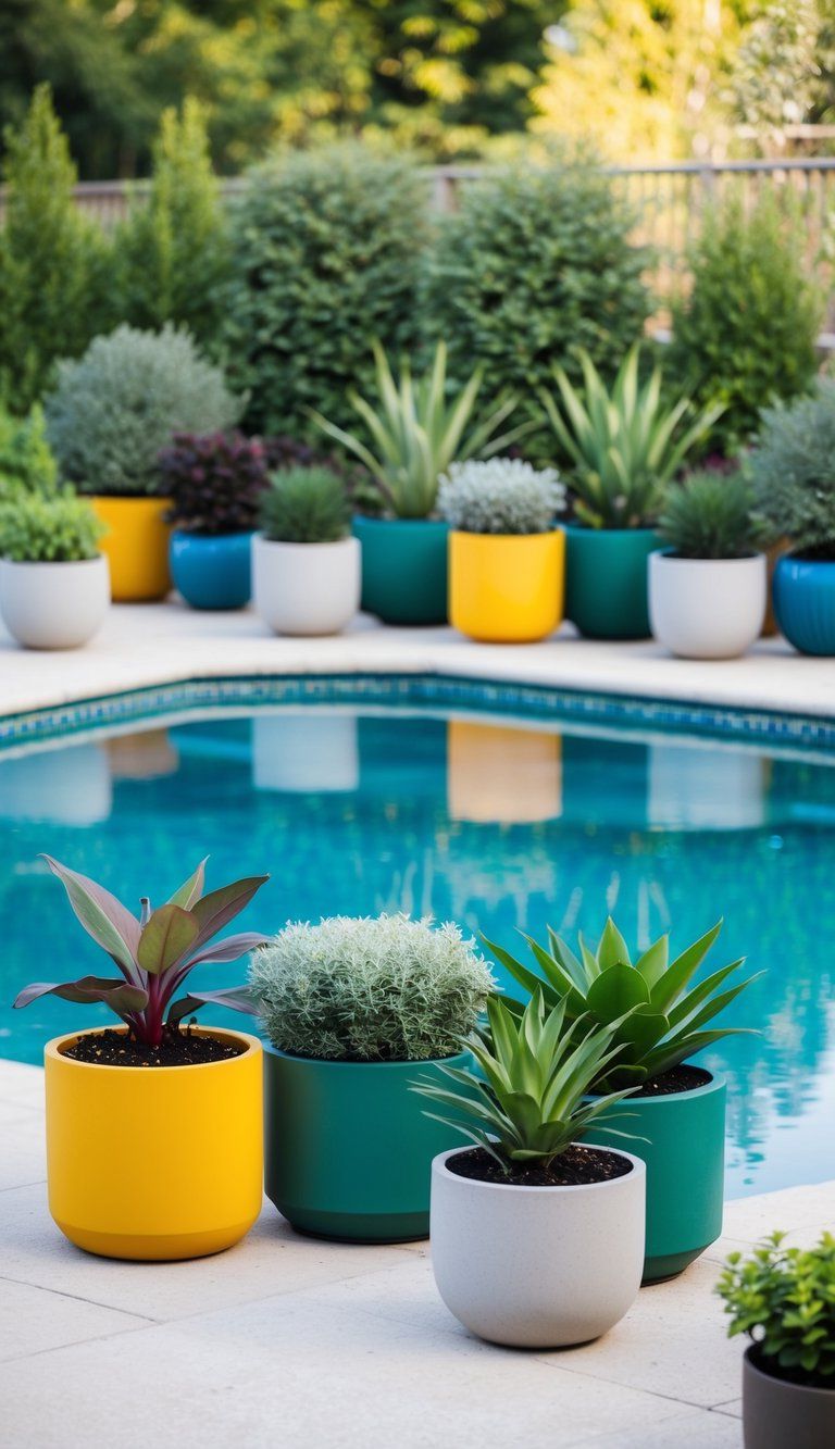 A variety of container plants arranged around a pool, creating a versatile and visually appealing landscape design