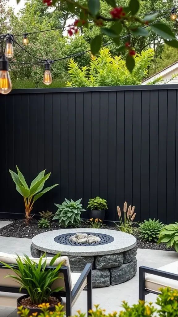 A modern black privacy fence surrounding a cozy backyard area with a fire pit and various plants.
