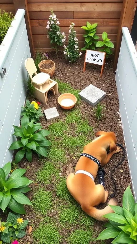 A dog enjoying a green garden area with plants and a water bowl.