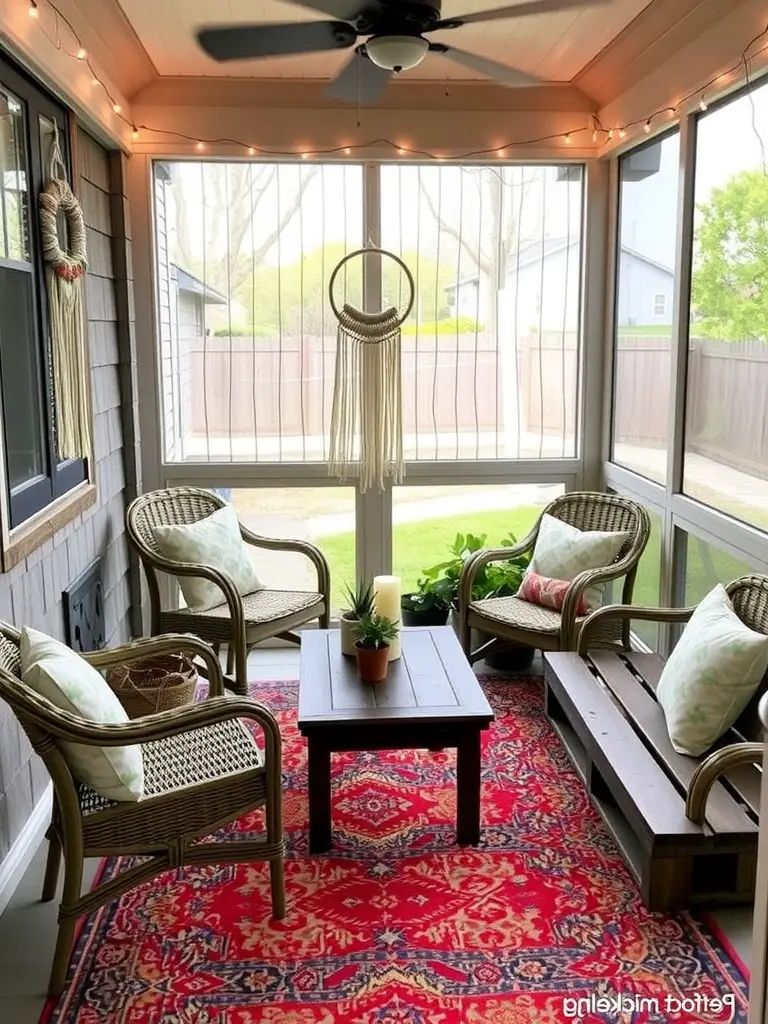 Cozy screened-in porch with wicker furniture, colorful cushions, a coffee table, and string lights.