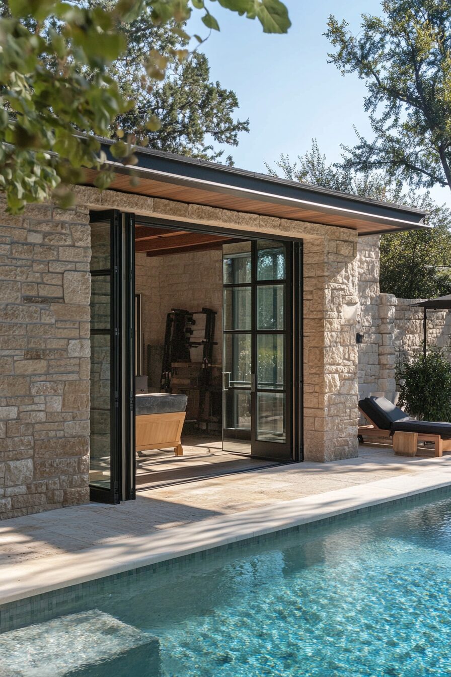 Pool house. Stone walls, floor-to-ceiling glass doors, teakwood indoor-outdoor shower, panoramic pool view.