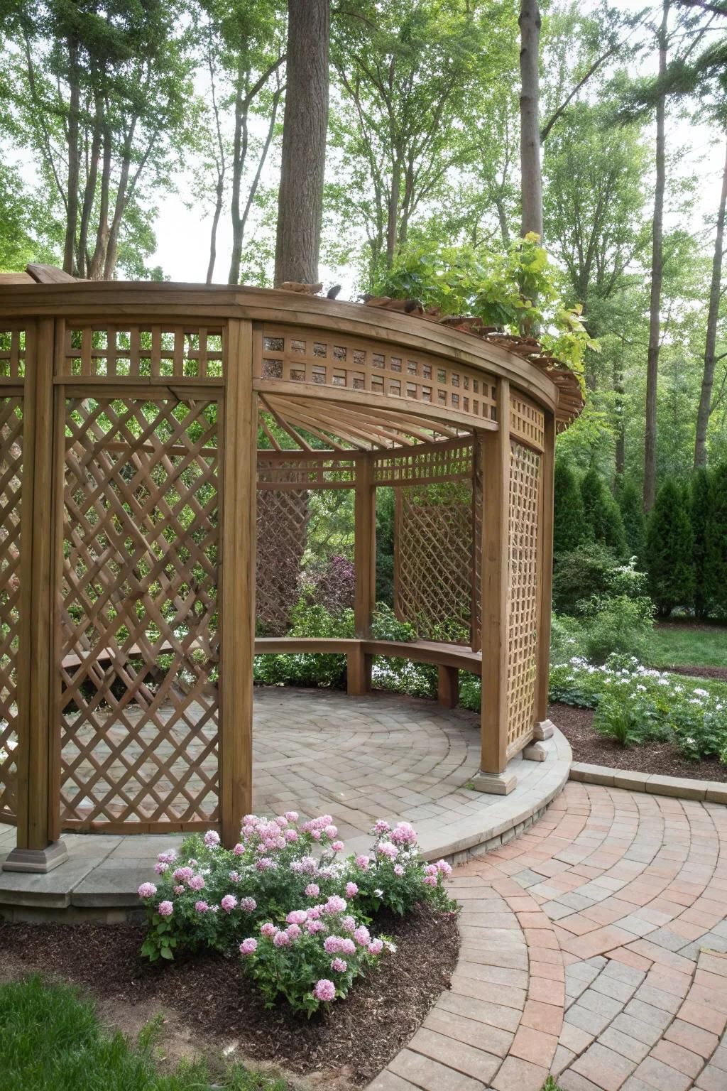 Privacy screens in a pergola create a secluded and cozy atmosphere.