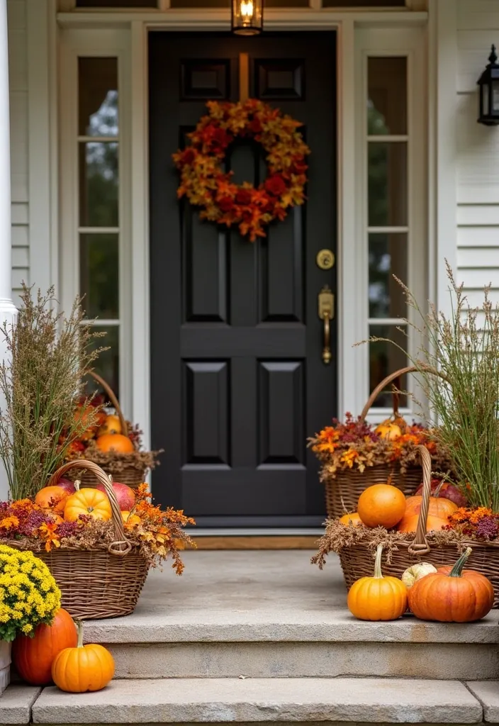 27+ Perfect Fall Porch Decor Ideas - 21. Harvest Baskets