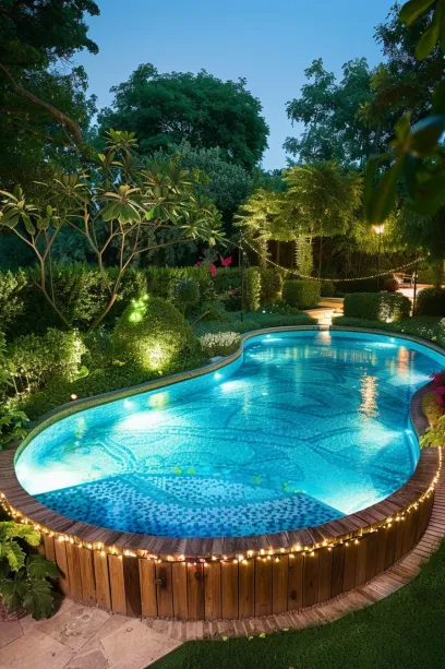 Close-up of a luxury swimming pool at night with intricate lighting