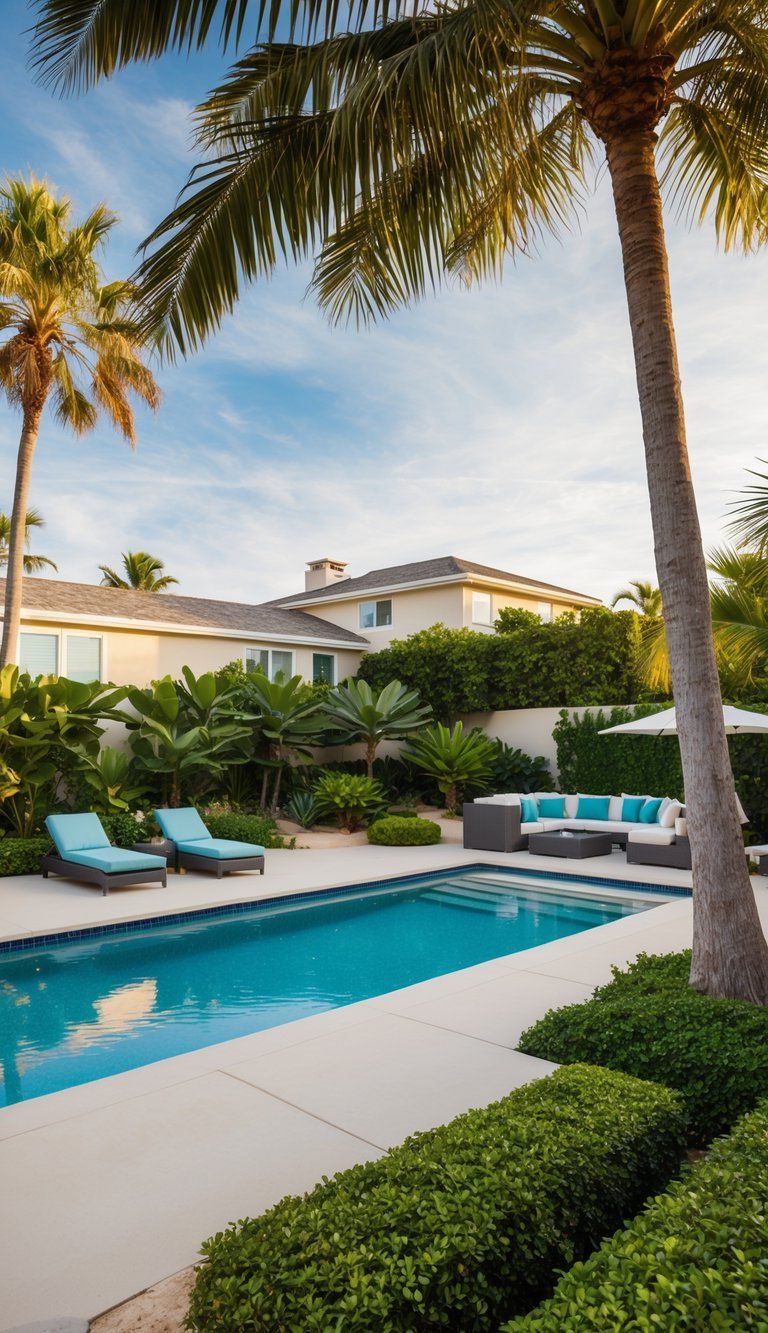 A spacious backyard with a pool, surrounded by lush landscaping and coastal elements like palm trees and sandy beach tones