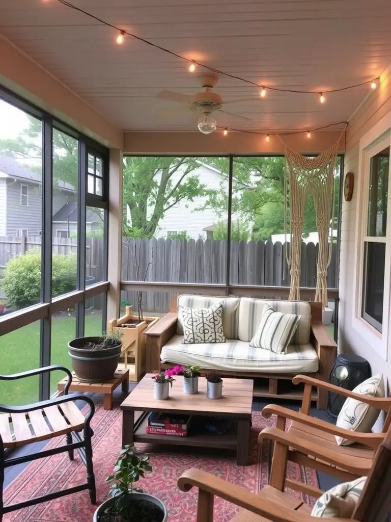 Cozy screened-in porch featuring upcycled wooden furniture and warm string lights.