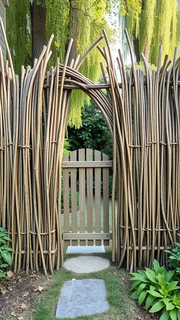 A woven willow privacy fence with a wooden gate and stone pathway in a backyard setting.