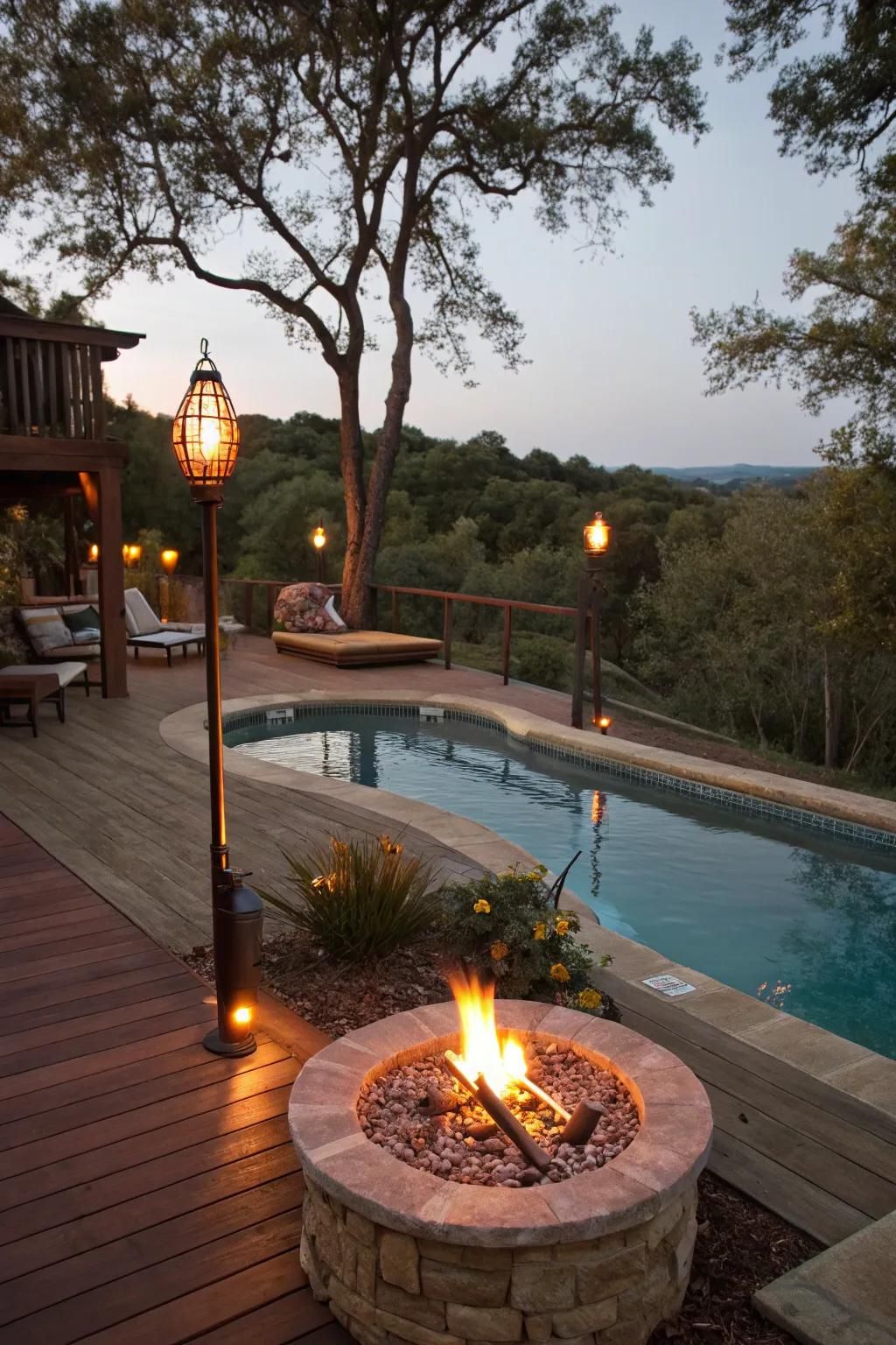 Fire elements add warmth and drama to poolside.