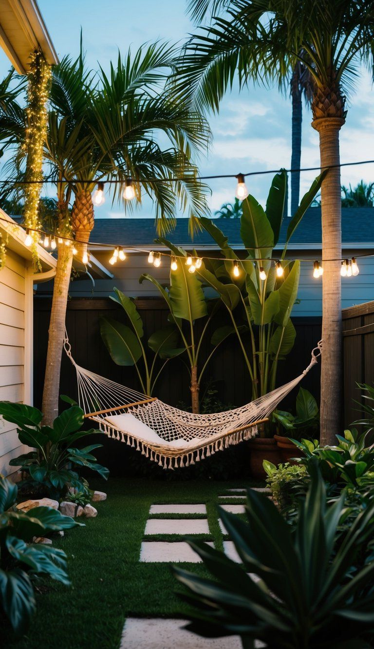 A backyard oasis with lush tropical plants, a hammock strung between palm trees, and soft string lights creating a warm and inviting ambiance