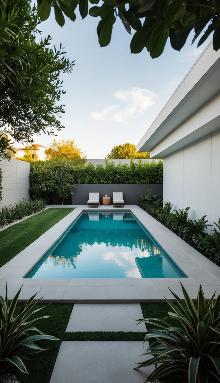 A sleek lap pool nestled in a backyard oasis, surrounded by lush greenery and modern landscaping. A minimalist design with clean lines and a serene atmosphere