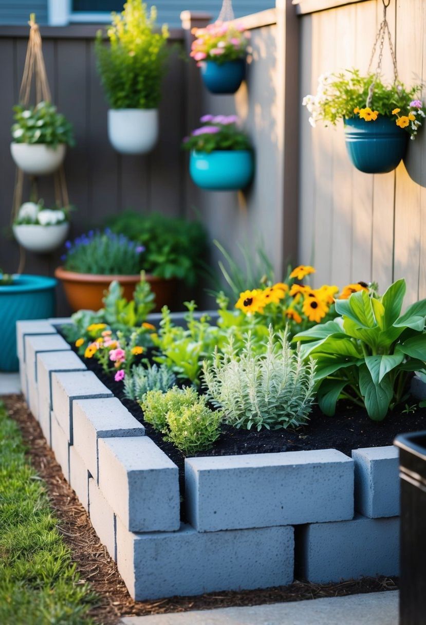 A cinder block garden bed sits in a small backyard, filled with a variety of plants and flowers. Surrounding it are other budget-friendly garden ideas, such as repurposed containers and hanging planters