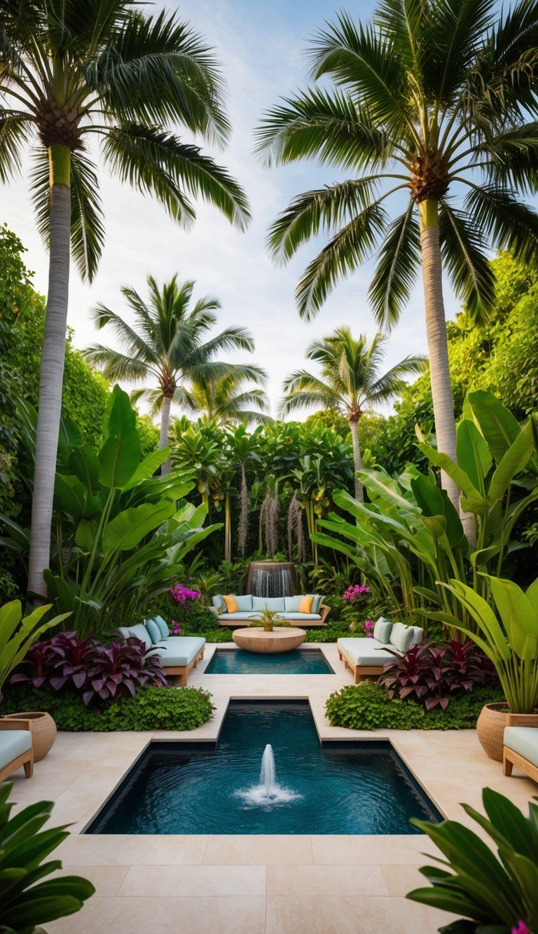 A lush tropical oasis with palm trees, exotic plants, a serene water feature, and comfortable seating areas surrounded by vibrant greenery