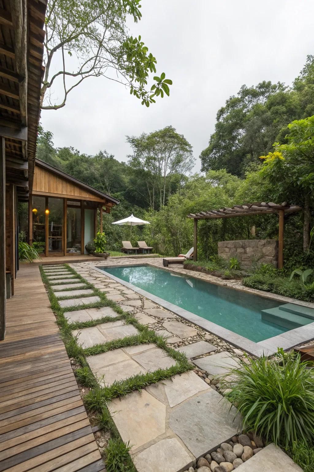 Beautiful pathways and decking guide you through the pool garden.