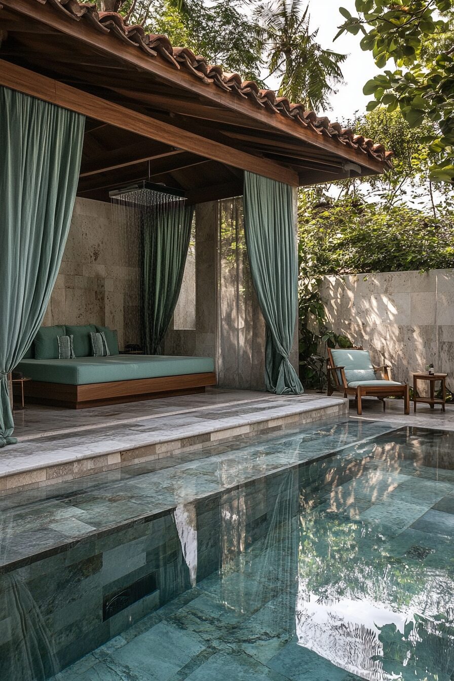 Pool house. Modern marble tiles, outdoor rainfall shower, turquoise cabana, rustic wooden lounge, reflective pool.