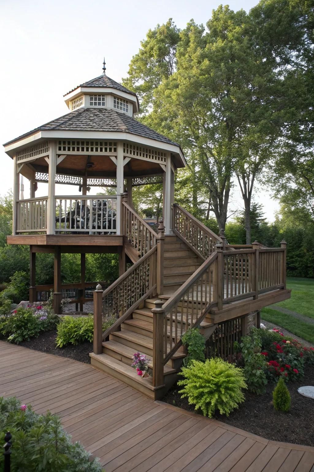 Create distinct zones with a gazebo on a multi-level deck.