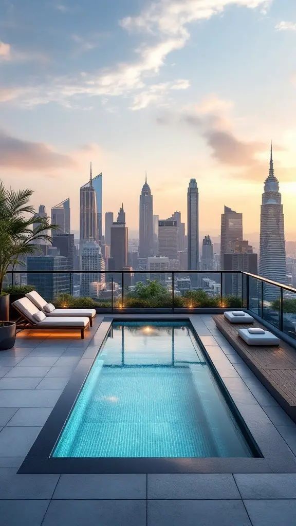 A small rooftop pool overlooking a city skyline at sunset, with loungers and greenery.
