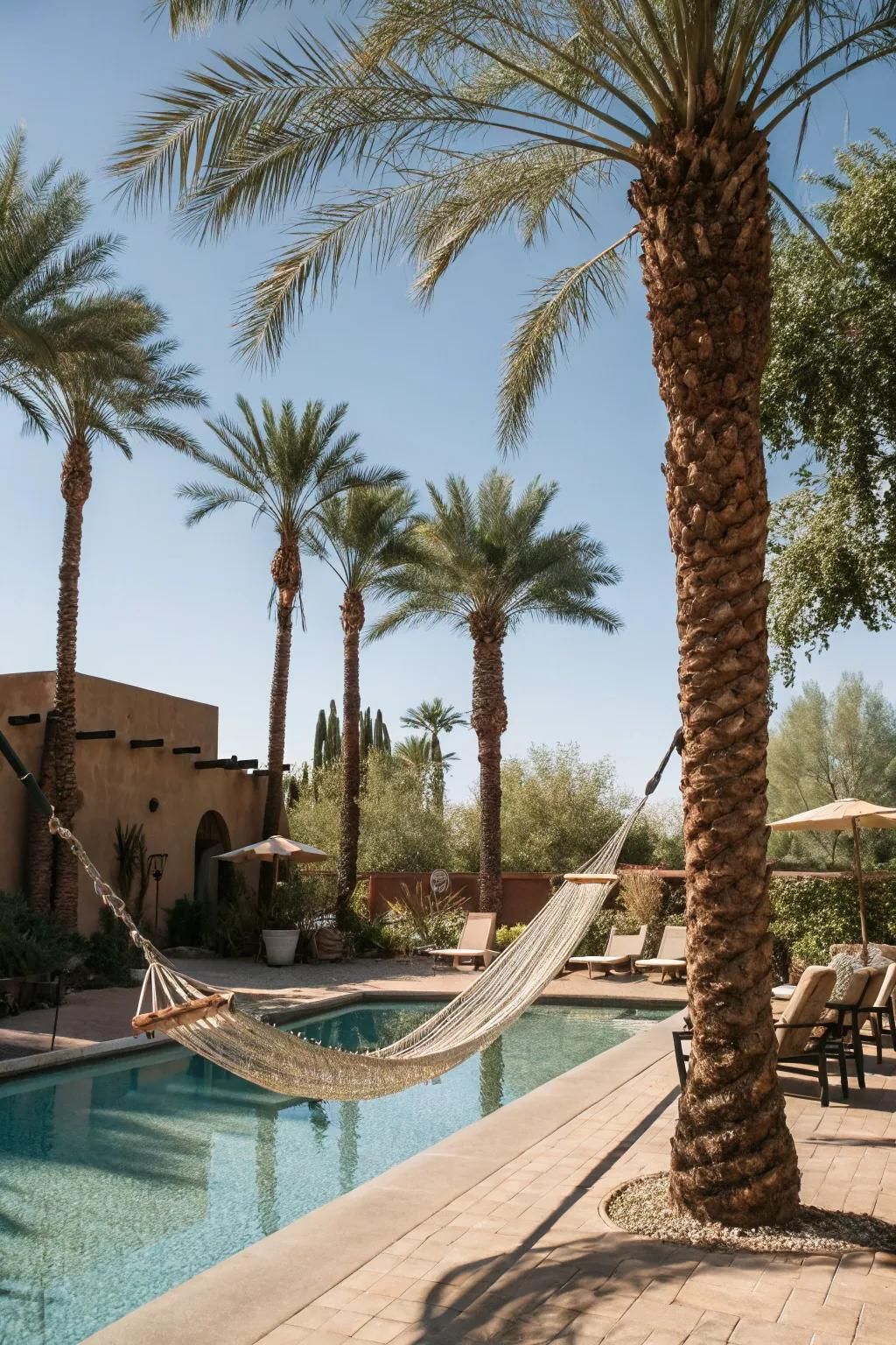 Hammocks bring relaxation and charm to poolside settings.