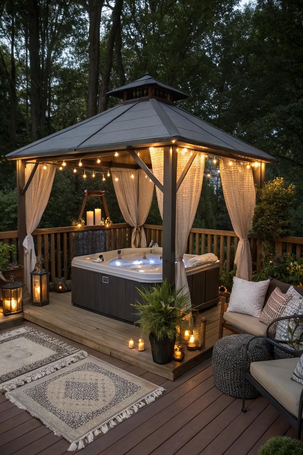 Unwind in a relaxing spa retreat gazebo on your deck.