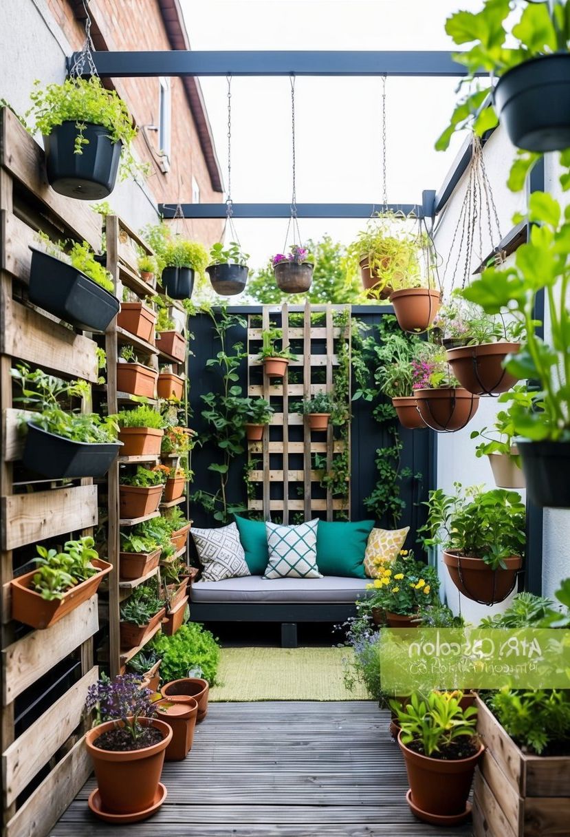 A small urban garden with hanging planters, repurposed pallets, and vertical trellises. A mix of potted plants and herbs fills the space, with a cozy seating area in the center