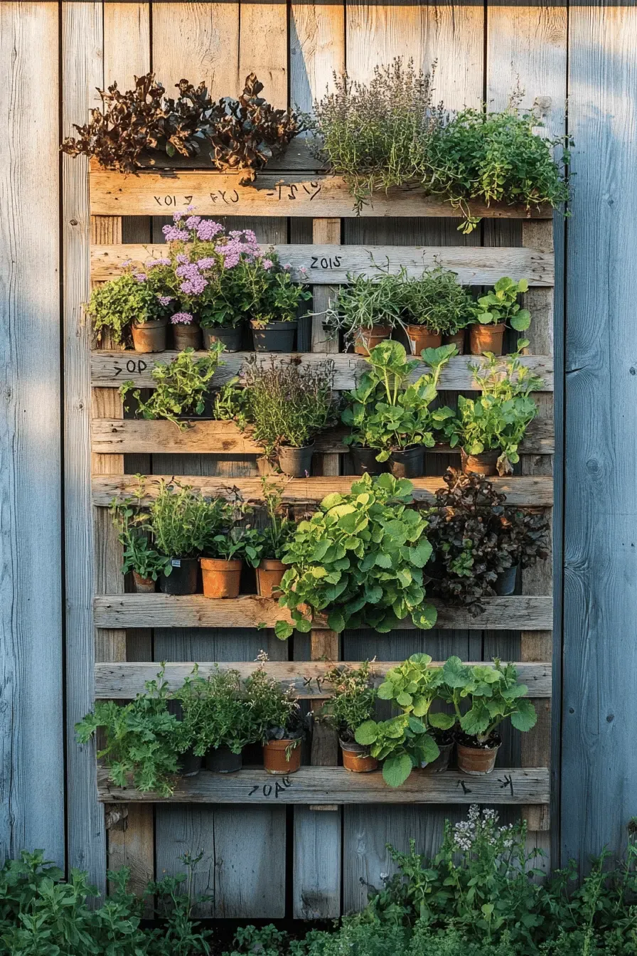 A vertical garden made from a wooden pallet, leaning against a garden shed, filled with herbs and small flowering plants. The pallet is painted in a rustic style, with visible plant names written on each section.