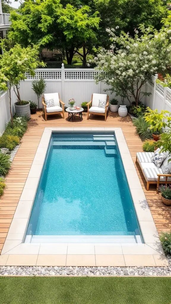 A small, modern farmhouse style pool surrounded by wooden decking, chairs, and greenery.