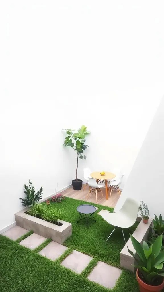 An L-shaped garden design featuring a small seating area, lush greenery, and a cozy table setting.