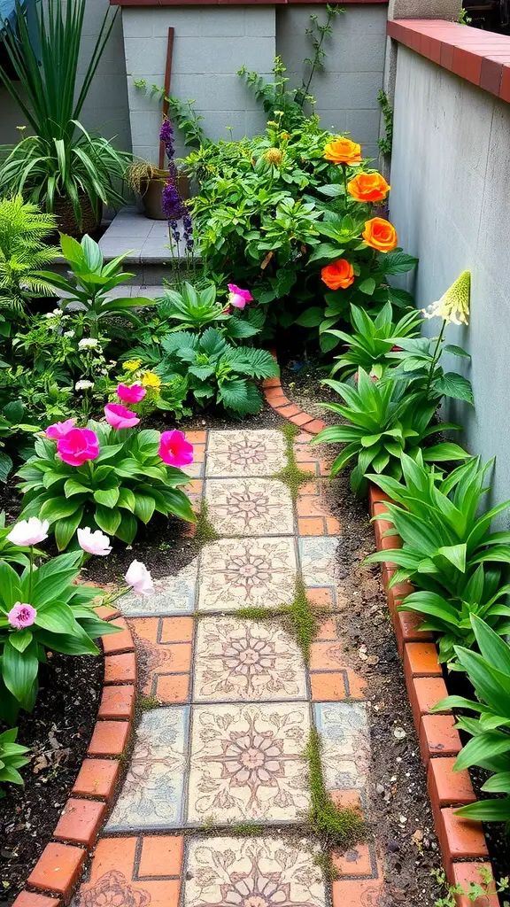 Colorful garden path with tiled stones and blooming flowers