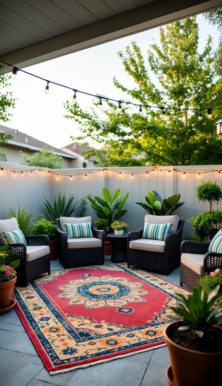A colorful outdoor rug sits in the center of a cozy backyard patio surrounded by potted plants, comfortable seating, and soft outdoor lighting