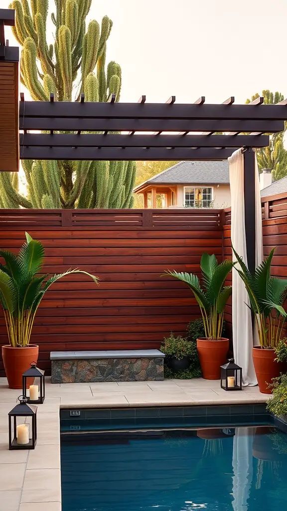 A peaceful backyard with a private pool surrounded by a wooden privacy fence, potted plants, and lanterns
