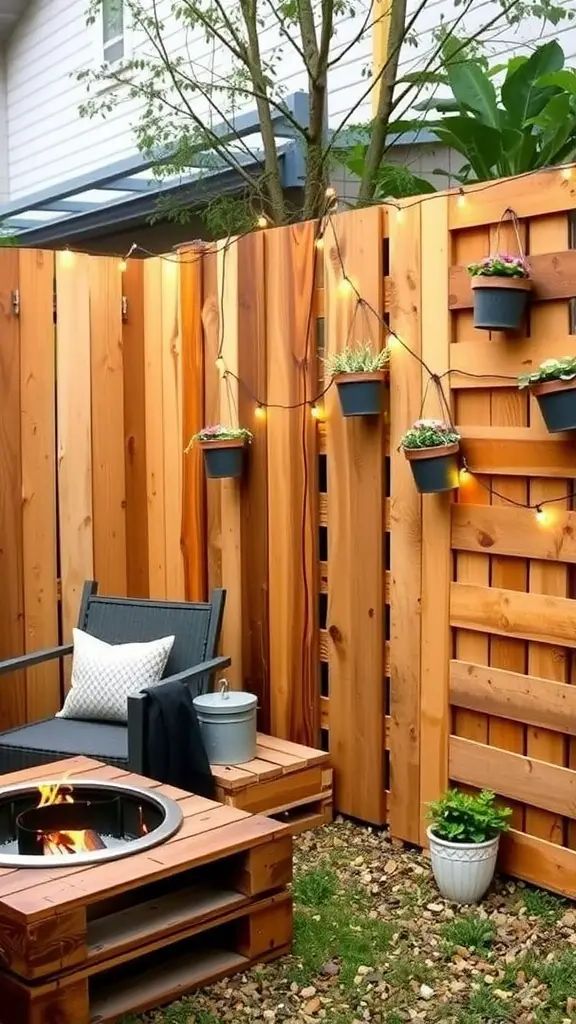 A cozy backyard featuring a DIY pallet privacy fence with hanging plants and a fire pit.