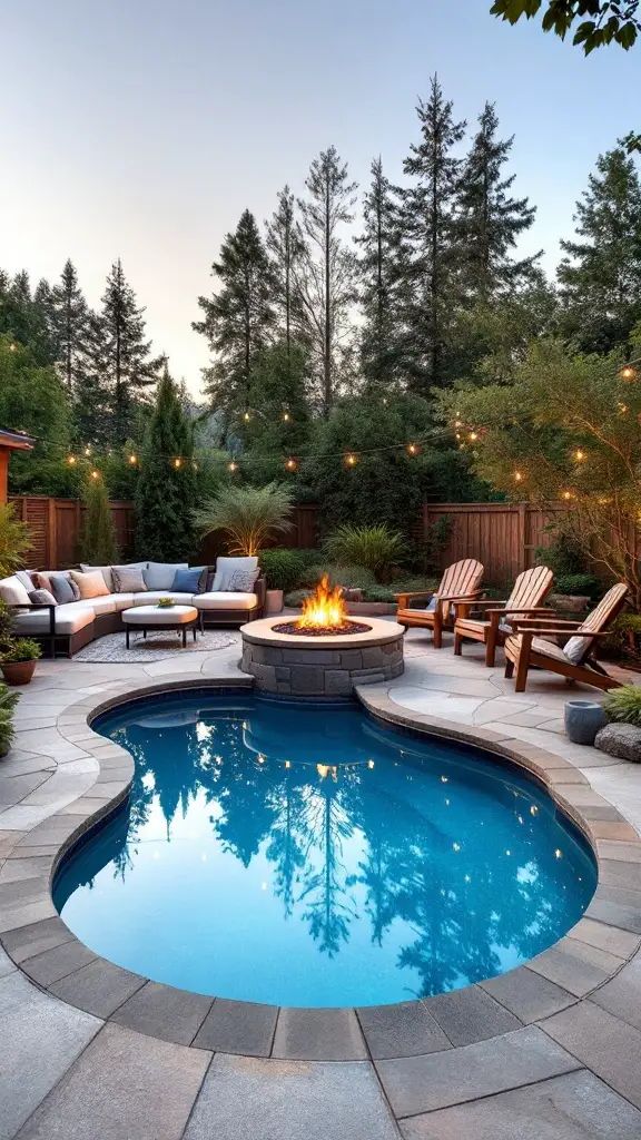 Cozy small backyard pool with a fire pit and lounge area surrounded by trees