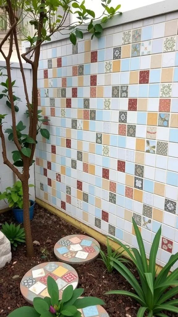 Colorful tiled wall and decorative stone pathway in a garden setting.