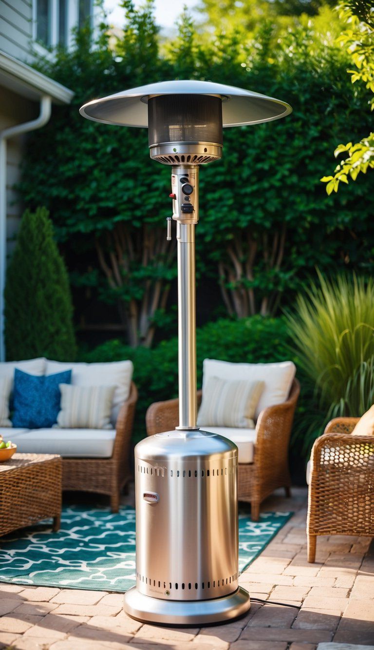 A cozy backyard patio with a stylish patio heater surrounded by comfortable outdoor furniture and lush greenery