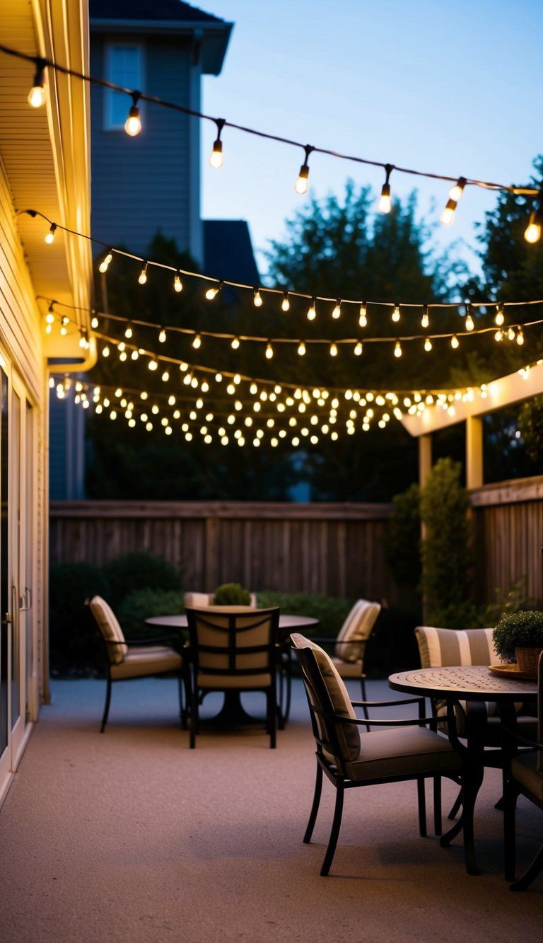 A backyard patio adorned with string lights, creating a warm and inviting ambiance. Tables and chairs are arranged for outdoor dining or relaxation