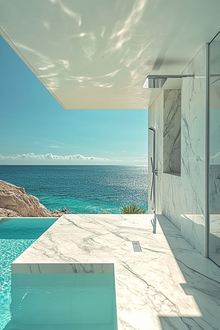 Pool house. White marble shower seamlessly blending indoor and outdoor, overlooking turquoise infinity pool.
