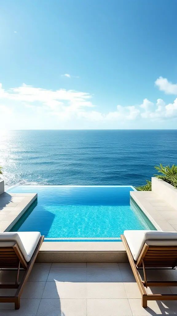 Small pool with infinity edge overlooking the ocean, featuring lounge chairs on the poolside.