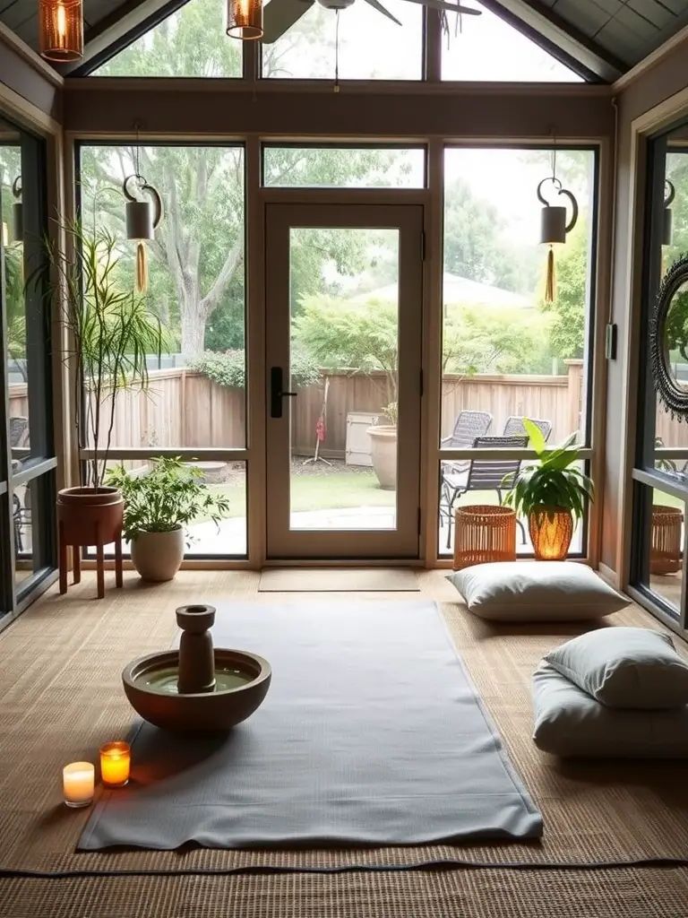 Screened-in porch featuring cushions, a water fountain, and candles for a peaceful meditation space.