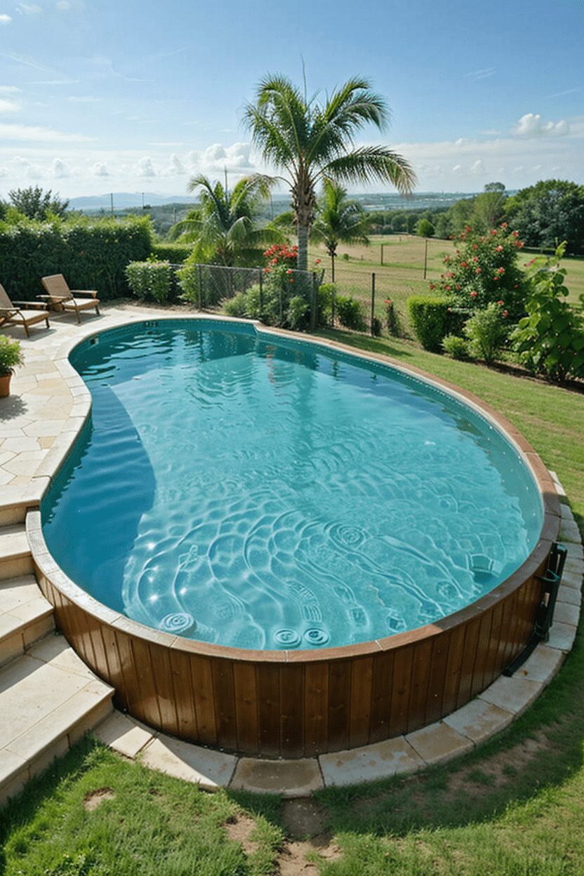 Wide shot of a luxurious above-ground infinity edge pool blending seamlessly with a picturesque background